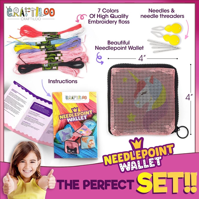 CRAFTILOO Pre Printed Needlepoint Wallet Kit for Kids Embroidery Arts and Crafts Set Cross Stitch Sewing Latch Hook Kit (Unicorn) - Image 2